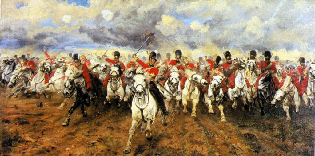 Scotland For Ever:  The Royal Scots Greys charging at the Battle of Waterloo 18th June 1815: picture by Lady Butler.  To purchase a print click on this caption.