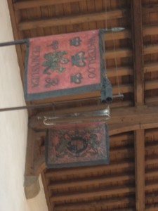 The Royal Horse Guards Standard and Trumpet over the memorial to Lieutenant Viscount Wendover in All Saints Church, High Wycombe, Buckinghamshire.