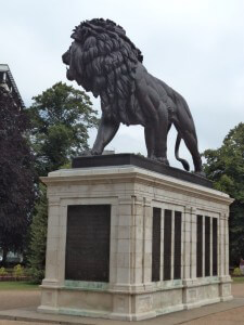 The Lion in Forbury Gardens, Reading, Berkshire, commemorating the losses of the 66th Regiment in Afghanistan during the Second Afghan War, particularly at the Battle of Maiwand, 27th July 1880.