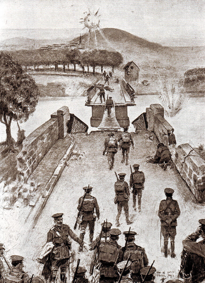 British 8th Brigade crossing the broken bridge over the Aisne at Vailly on 13th September 1914 by the single plank