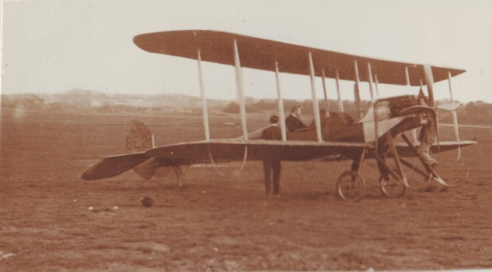 British BE2 Biplane (photo taken for Captain David Baird, ADC to General Haig) Captain Baird is in the passenger seat