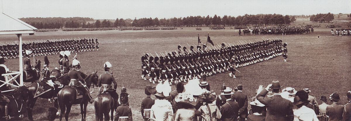 1st Queen’s Own Cameron Highlanders marching past King George V in June 1914 at Aldershot before the Great War