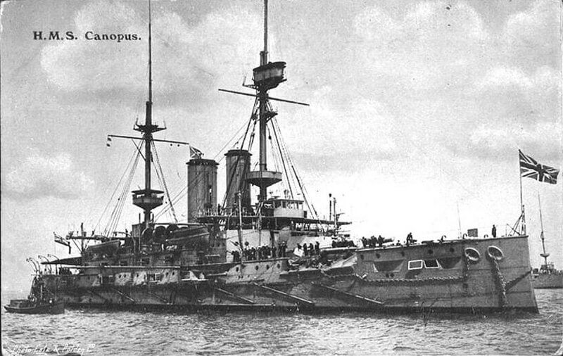 HMS Canopus, British battleship beached in Port Stanley during the Battle of the Falkland Islands on 8th December 1914