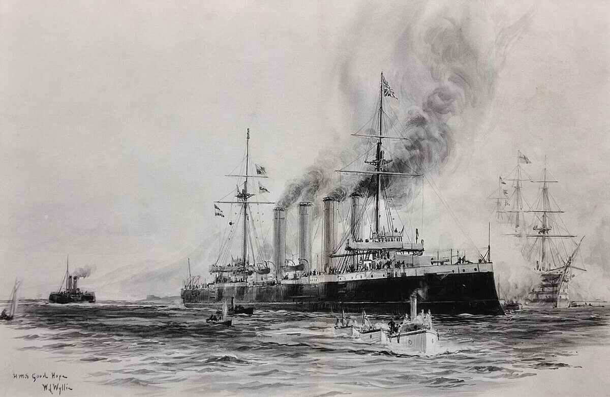 Admiral Sir Christopher Cradock’s flagship the armoured cruiser HMS Good Hope; picture by Lionel Wyllie in 1901