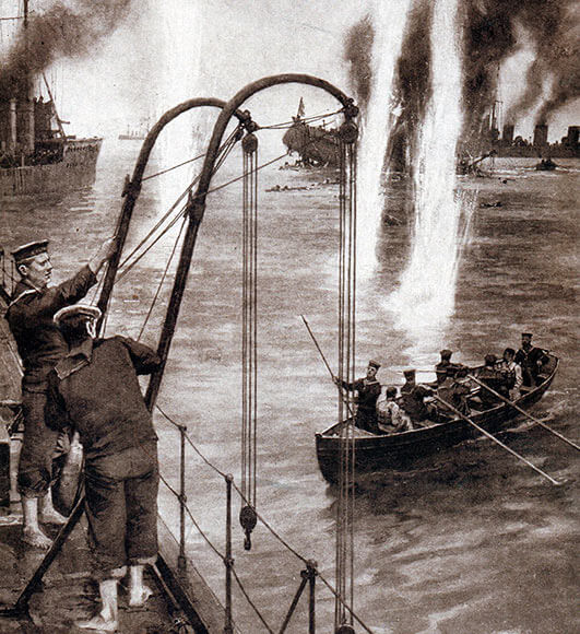 British destroyers rescuing the crew of V187 during the Heligoland Bight operation on 28th August 1914.