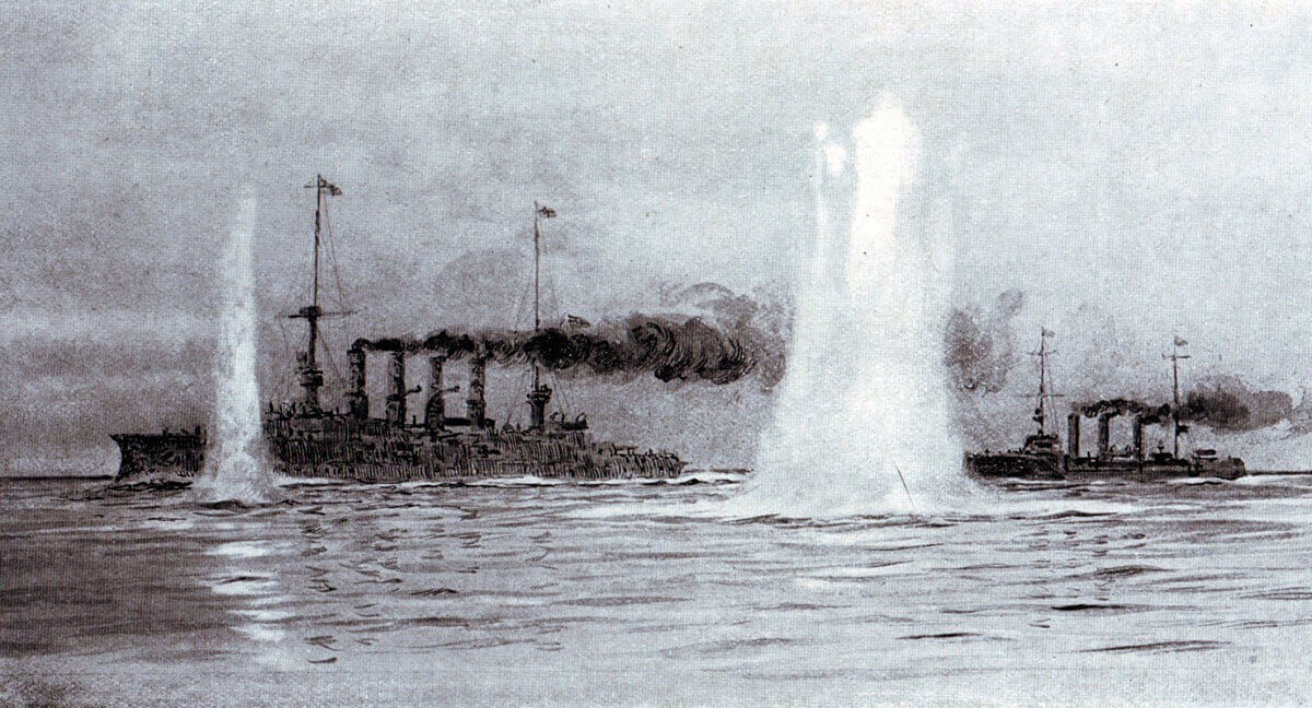 Shells fired by HMS Canopus splashing around SMS Gneisenau and SMS Nürnberg at the beginning of the Battle of the Falkland Islands on 8th December 1914: picture by Lionel Wyllie