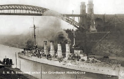 German light cruiser SMS Stralsund, passing through the Kiel Canal. Stralsund was one of the German ships that attacked the British destroyers in the Battle of Heligoland Bight on 28th August 1914.