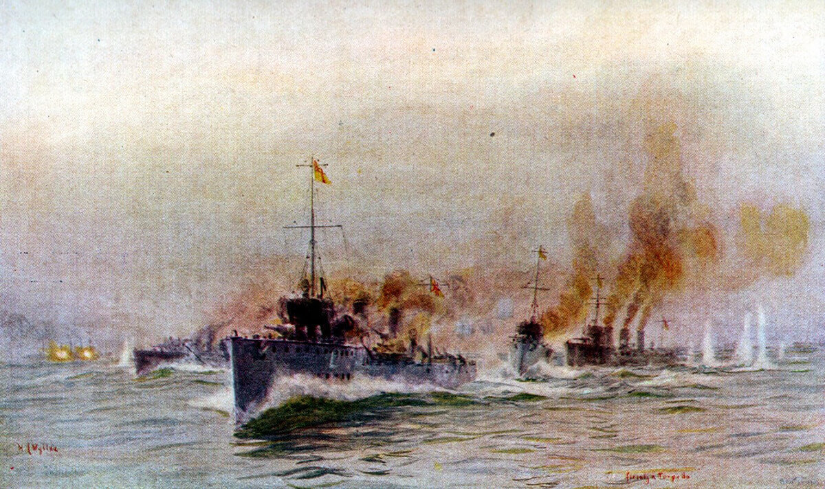 British destroyers engaging SMS Mainz during the Heligoland Bight operation on 28th August 1914: picture by Lionel Wyllie.