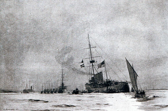 The British light cruiser HMS Arethusa limps into Harwich after the Heligoland Bight operation on 28th August 1914.