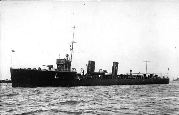 British destroyer HMS Liberty; one of the destroyers of 4th Division of 1st Destroyer Flotilla, heavily damaged by gunfire from SMS Mainz during the Battle of Heligoland Bight on 28th August 1914.