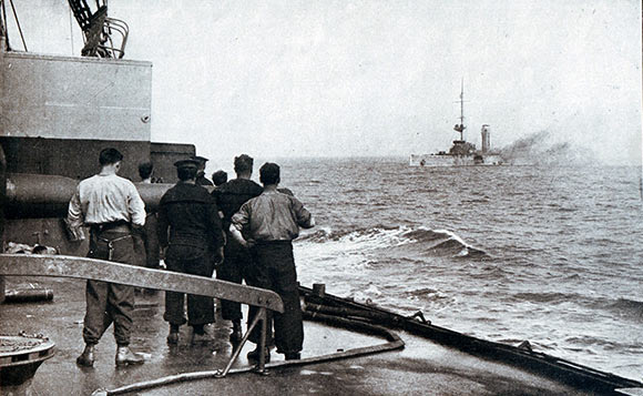 The sinking of the German light cruiser SMS Mainz during the Battle of Heligoland Bight on 28th August 1914; photograph taken from the deck of a British light cruiser.