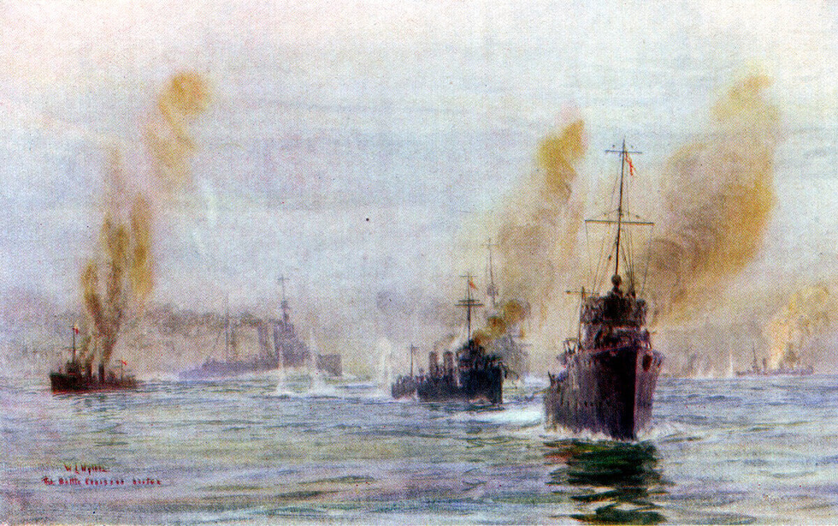 Beatty’s battle cruisers arriving in the nick of time at the Battle of Heligoland Bight on 28th August 1914: picture by Lionel Wyllie.