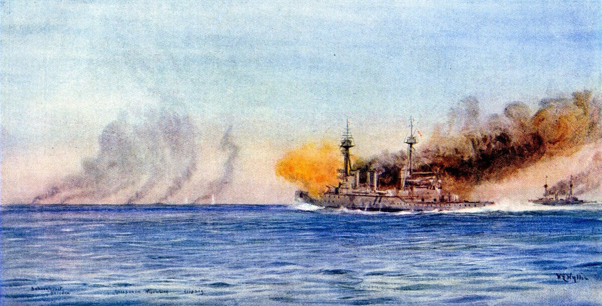 HMS Invincible and Inflexible open fire on von Spee’s squadron during the Battle of the Falkland Islands on 8th December 1914: picture by Lionel Wyllie