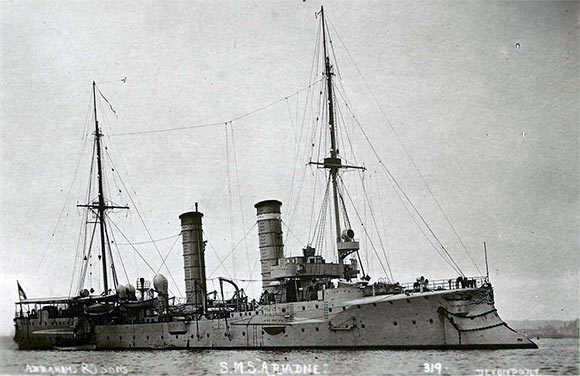 German light cruiser SMS Ariadne, sunk by Beatty’s battle cruisers during the Battle of Heligoland Bight on 28th August 1914.