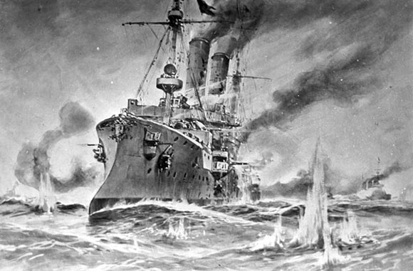 The German light cruiser SMS Ariadne under attack by Beatty’s battle cruisers and about to sink during the Battle of Heligoland Bight on 28th August 1914.