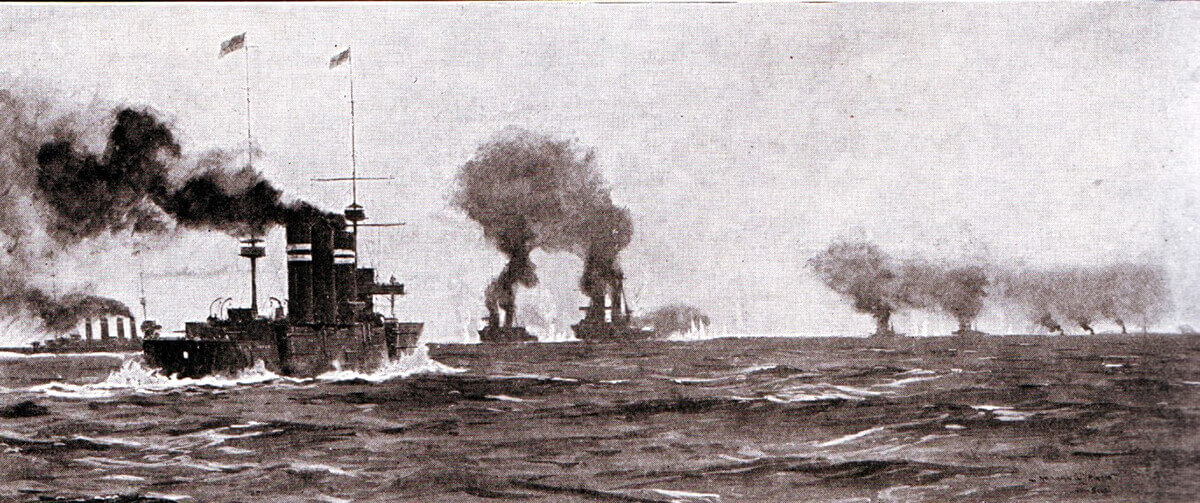 Opening stage of the Battle of the Falkland Islands on 8th December 1914 as the British ships leave Port Stanley in pursuit of the German squadron. The action is foreshortened; the German ships in the distance far right; Invincible and Inflexible centre; Glasgow left and Cornwall centre left.