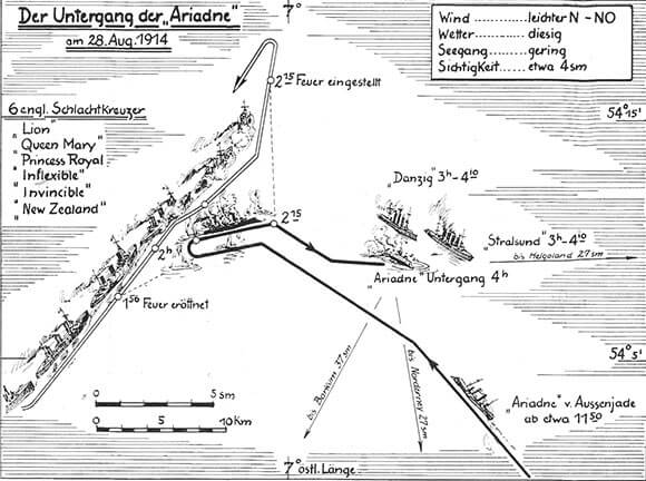 German map of the final stage of the Battle of Heligoland Bight on 28th August 1914 showing the sinking of the German light cruiser SMS Ariadne. The map is wrong in giving the presence of HMS Inflexible. Inflexible was in the Mediterranean Fleet.