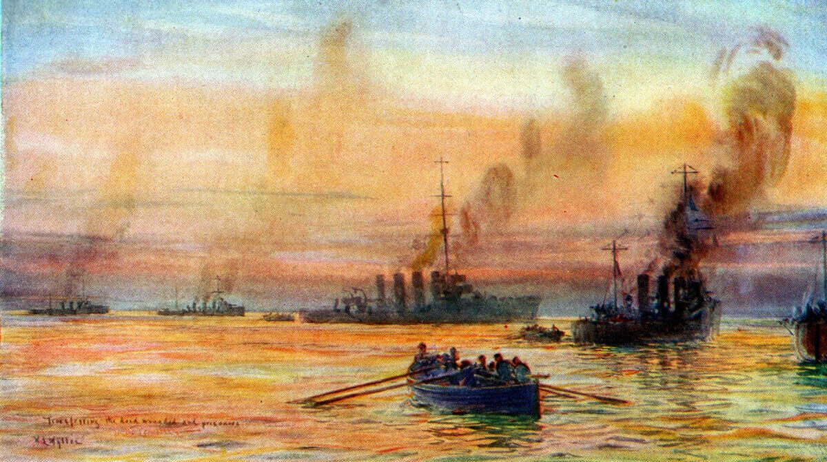 British ships moving casualties and prisoners by boat after the Battle of Heligoland Bight on 28th August 1914: picture by Lionel Wyllie.