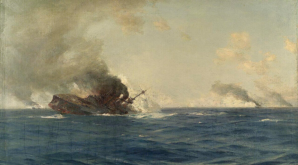 SMS Scharnhorst sinking at the end of the Battle of the Falkland Islands on 8th December 1914: picture by Thomas Somerscales