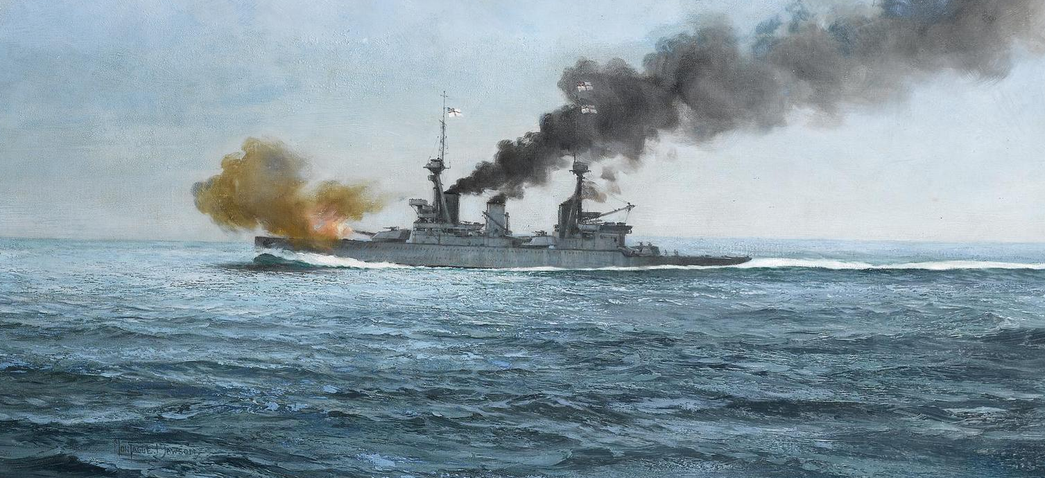 HMS Inflexible, the second British battle cruiser at the Battle of the Falkland Islands on 8th December 1914