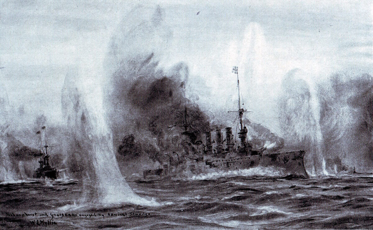 SMS Scharnhorst and Gneisenau engaged by HMS Invincible and Inflexible during the Battle of the Falkland Islands on 8th December 1914: picture by Lionel Wyllie