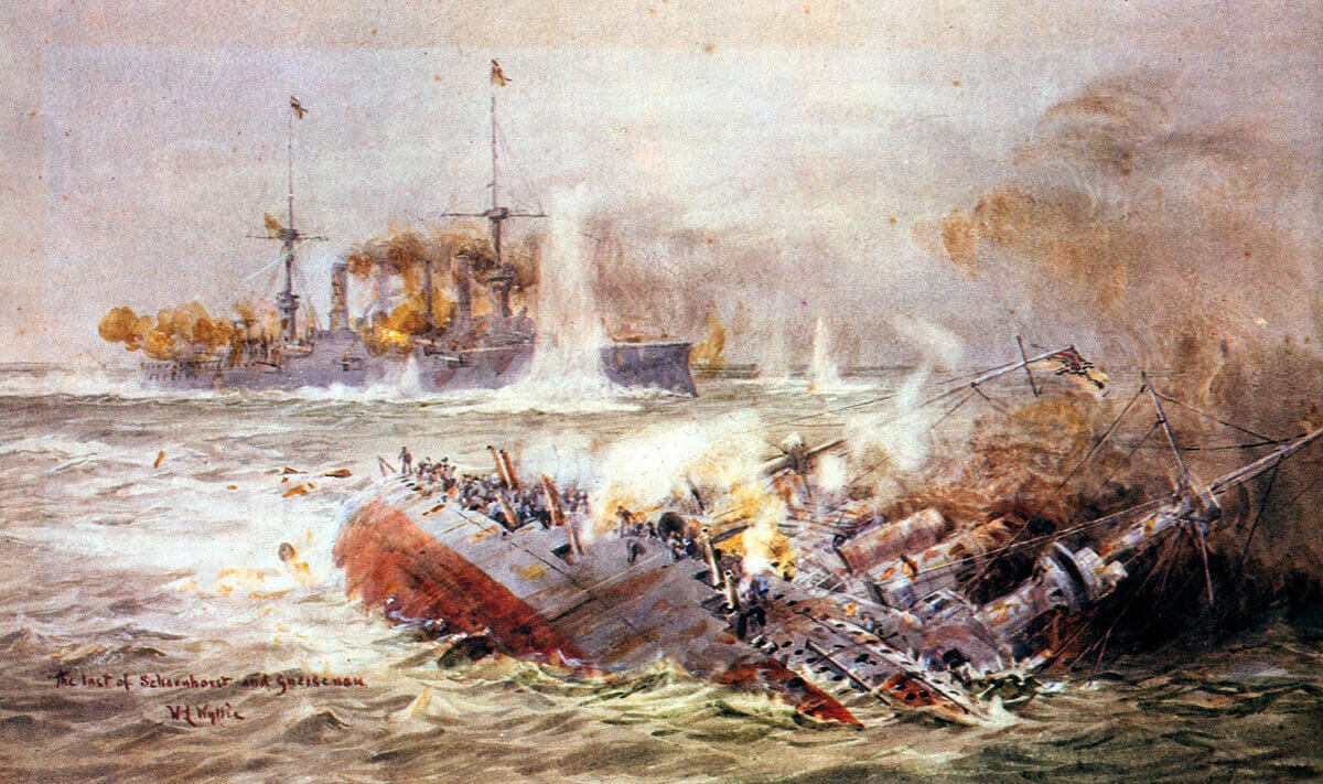 SMS Scharnhorst sinking (foreground) and SMS Gneisenau at the end of the Battle of the Falkland Islands on 8th December 1914: picture by Lionel Wyllie. To buy a copy of this picture click here