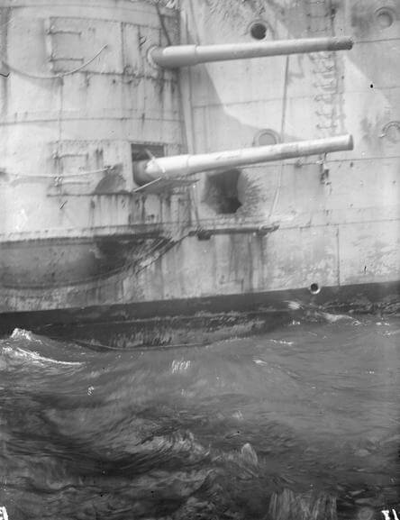 Damage to the hull of HMS Kent caused by shell-fire from SMS Nürnberg during the Battle of the Falkland Islands on 8th December 1914
