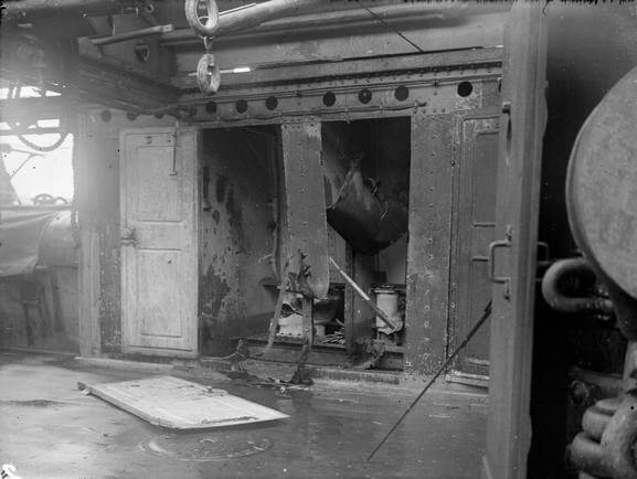 Damage to the officers’ heads on HMS Kent caused by shell-fire from SMS Nürnberg during the Battle of the Falkland Islands on 8th December 1914