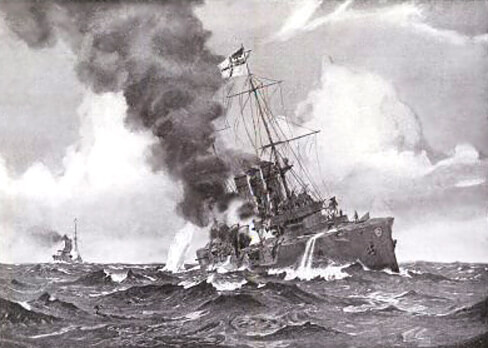 SMS Dresden, German light cruiser at the Battle of the Falkland Islands on 8th December 1914, at sea