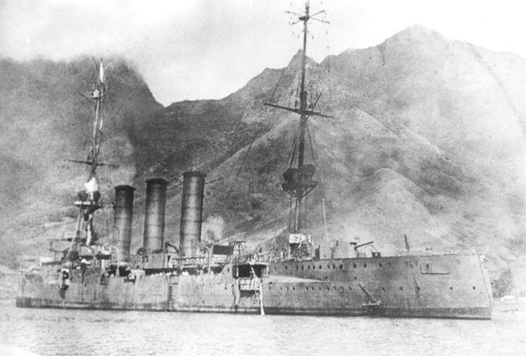 SMS Dresden, German light cruiser at the Battle of the Falkland Islands on 8th December 1914, immediately before the scuttling charges were exploded, sinking her on 14th March 1914
