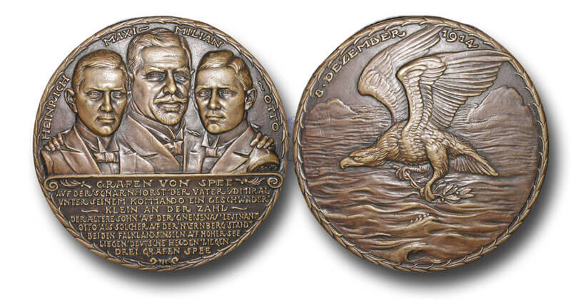 Medal struck in Germany commemorating the deaths of the three Grafen von Spee at the Battle of the Falkland Islands on 8th December 1914