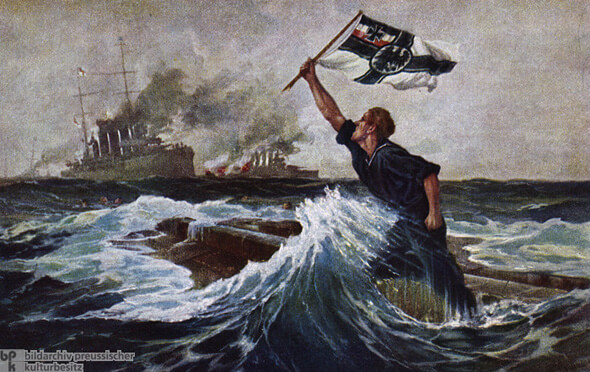 German postcard showing the ‘last man’ about to go down on the upturned hull of SMS Nürnberg sunk in the Battle of the Falkland Islands on 8th December 1914