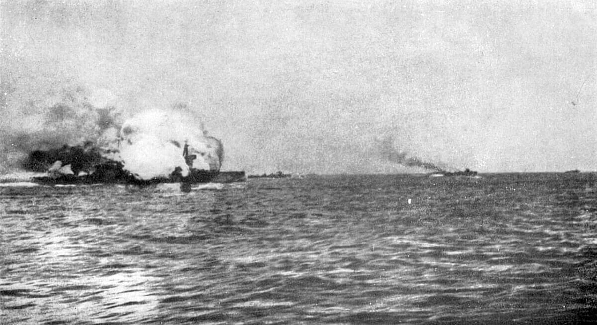 HMS Invincible exploding at the Battle of Jutland on 31st May 1916. Only 6 of the crew survived including Lieutenant Commander Dannreuther.