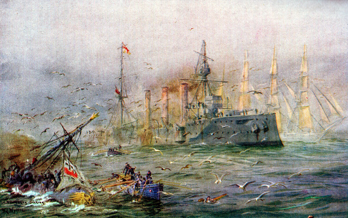 A sailing ship passes the battle between HMS Kent and SMS Nürnberg sinking in the left foreground at the end of the Battle of the Falkland Islands on 8th December 1914: picture by Lionel Wyllie. To buy this picture click here