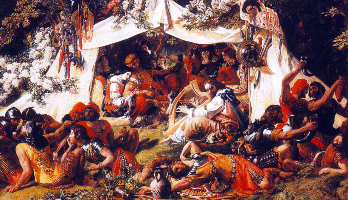 Alfred in the Viking camp before the Battle of Ashdown disguised as a minstrel: the artist has given the scene a middle eastern flavour and dressed the Vikings as Roman soldiers.