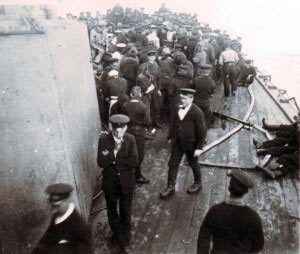 Crew of HMS Kent on deck before the Battle of the Falkland Islands on 8th December 1914 in the First World War