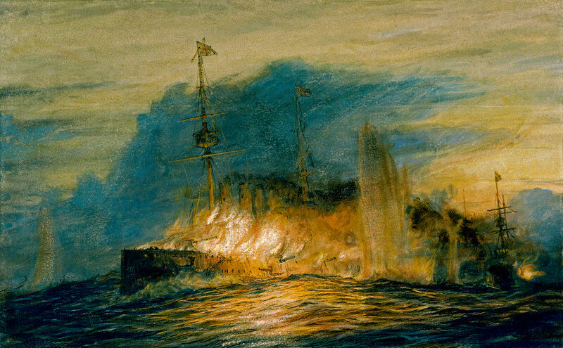 HMS Good Hope on fire towards the end of the Battle of Coronel, 1st November 1914