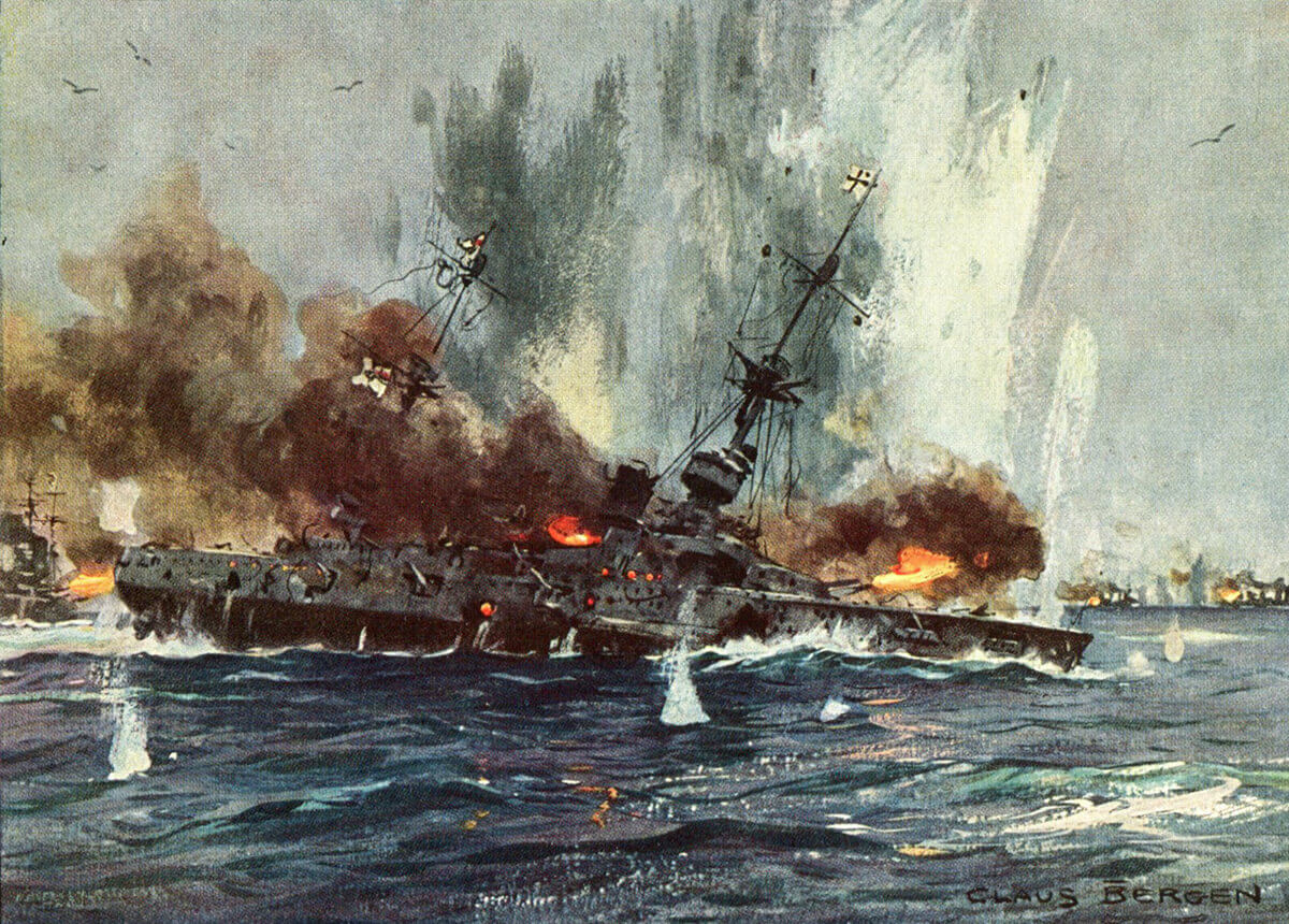 SMS Scharnhorst sinking at the Battle of the Falkland Islands 8th December 1914: picture by Claus Bergen