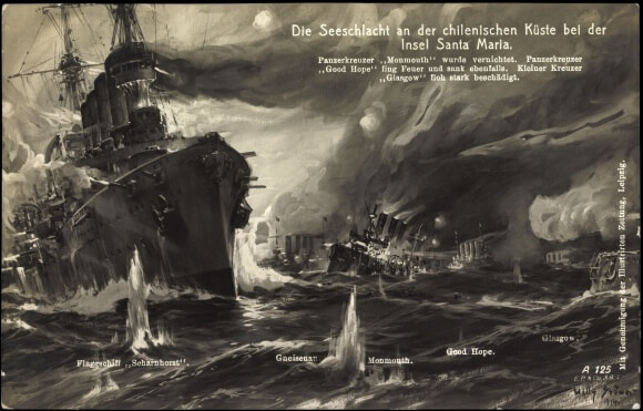 A German postcard celebrating the Battle of Coronel, called the Battle of the Island of Santa Maria. If you wish to buy a copy of this picture click here