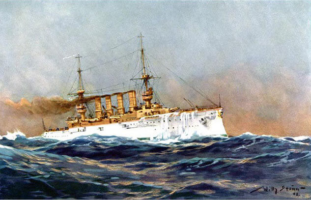 German Armoured Cruiser SMS Scharnhorst Flagship of Admiral Graf von Spee at the Battles of Coronel and Falklands in 1914: picture by Willyl Stoewer in 1905