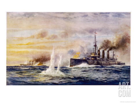 HMS Kent in action against SMS Nürnberg during the Battle of the Falkland Islands on 8th December 1914. To buy this picture click here