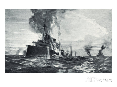 HMS Monmouth engaged at the Battle of Coronel. To buy this picture click here