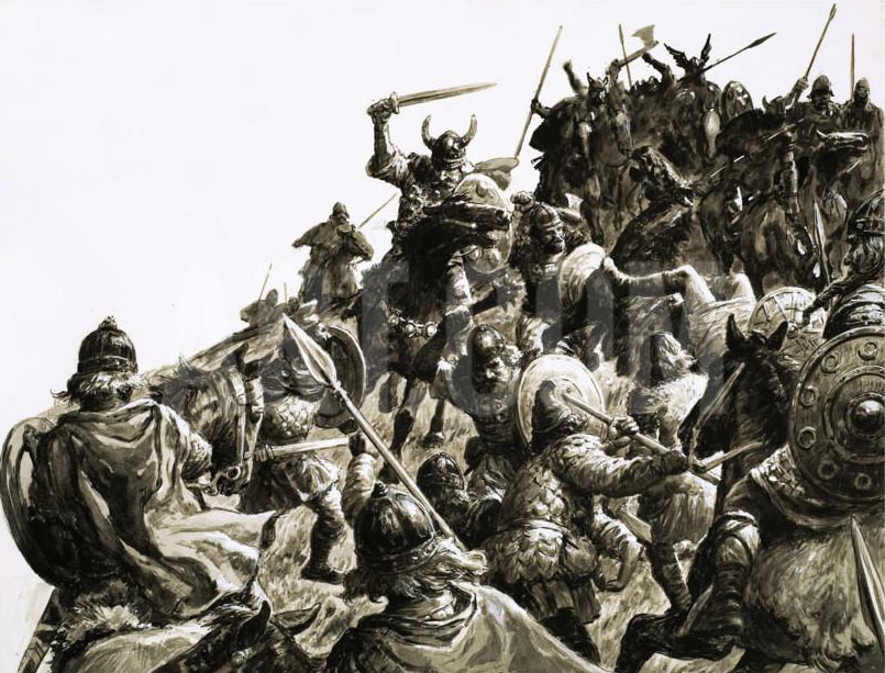 Vikings attack the Anglo-Saxon positions at the Battle of Ashdown 8th January 871 AD in the Danish Wars: picture by Cecil Doughty: click here to buy this picture
