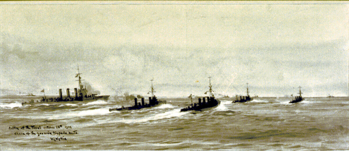 British light cruiser HMS Undaunted and the four destroyers Lance, Lennox, Legion and Loyal sight the four German torpedo boats at the beginning of the Texel action on 17th October 1914: picture by Lionel Wyllie.