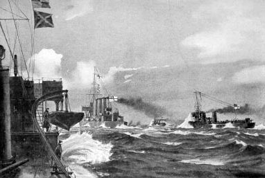 HMS Undaunted and the four British destroyers sight the four German torpedo boats in the Texel action on 17th October 1914 in the First World War
