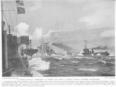 HMS Undaunted and the four British destroyers sight the four German torpedo boats in the Texel action on 17th October 1914: illustration in a contemporary magazine