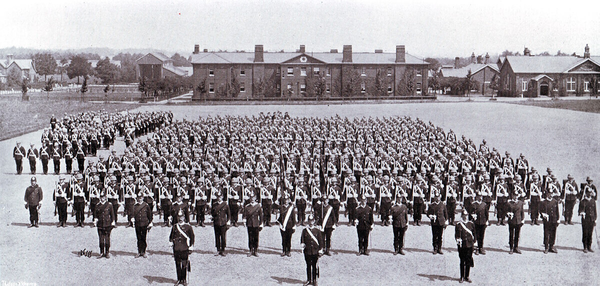 1st Manchester Regiment on parade in Britain before leaving for South Africa. 1st Manchesters formed part of Colonel Ian Hamilton’s brigade at the Battle of Ladysmith on 30th October 1889
