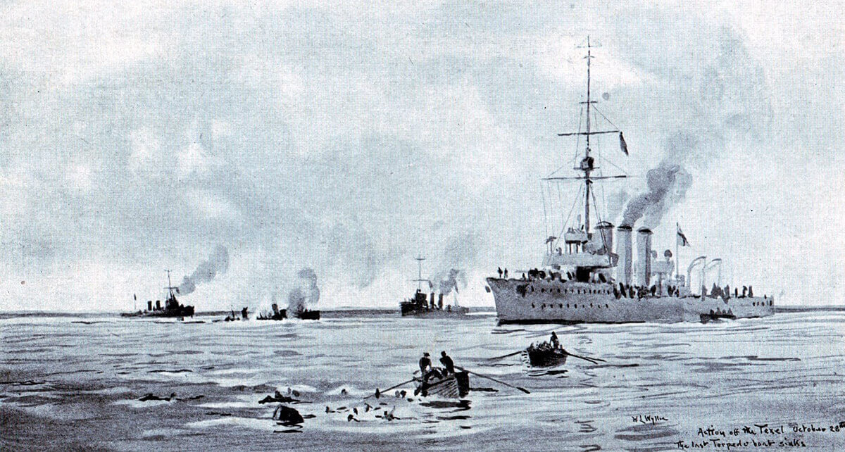 The British ships rescuing survivors among the German crews from the four torpedo boats sunk in the Texel action on 17th October 1914: picture by Lionel Wyllie