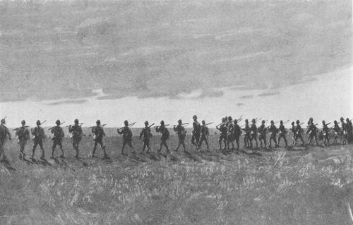 Soldiers of the 1st Devonshire Regiment advancing in open order at the Battle of Elandslaagte on 21st October 1899