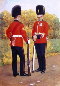 Royal Irish Fusiliers in 1905. The soldier facing is wearing the Queen’s South African medal and the King’s South African medal. 1st Royal Irish Fusiliers was one of the two infantry battalion forced to surrender at Nicholson’s Nek on 30th October 1899, ‘Mournful Monday’.